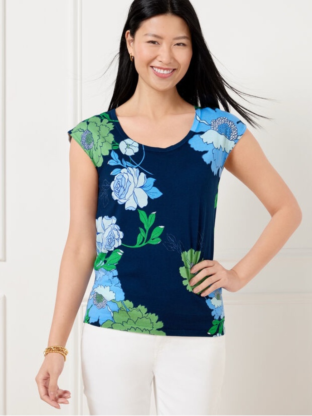 Talbots Navy Blue Green Floral Scoop Neck Cap Sleeve Knit Top Size 1X